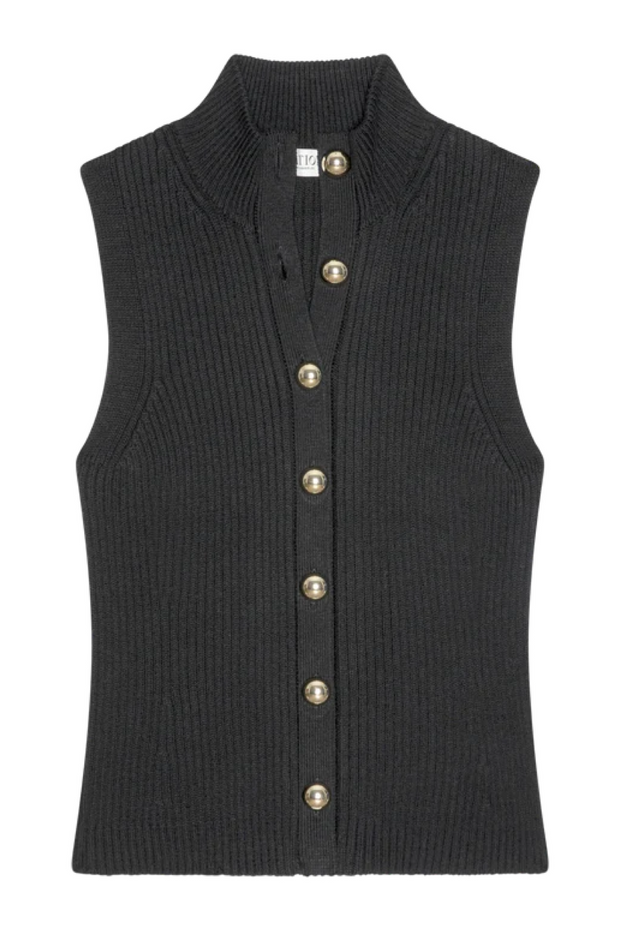Black ribbed knit vest with button details on a white background