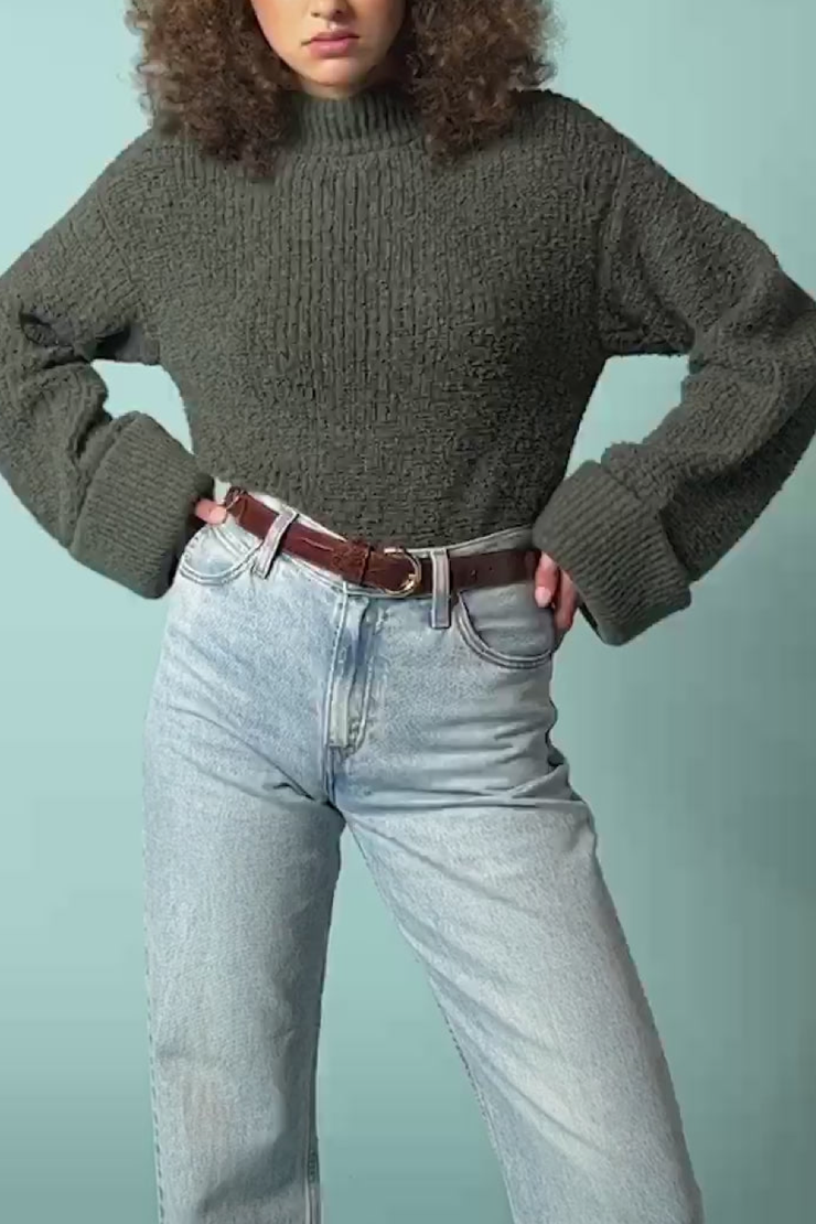 Image of model wearing Nation LTD briar cuffed funnel neck sweater