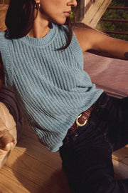 Image of the nation ltd elliana pullover vest front view sitting with on arm on leg