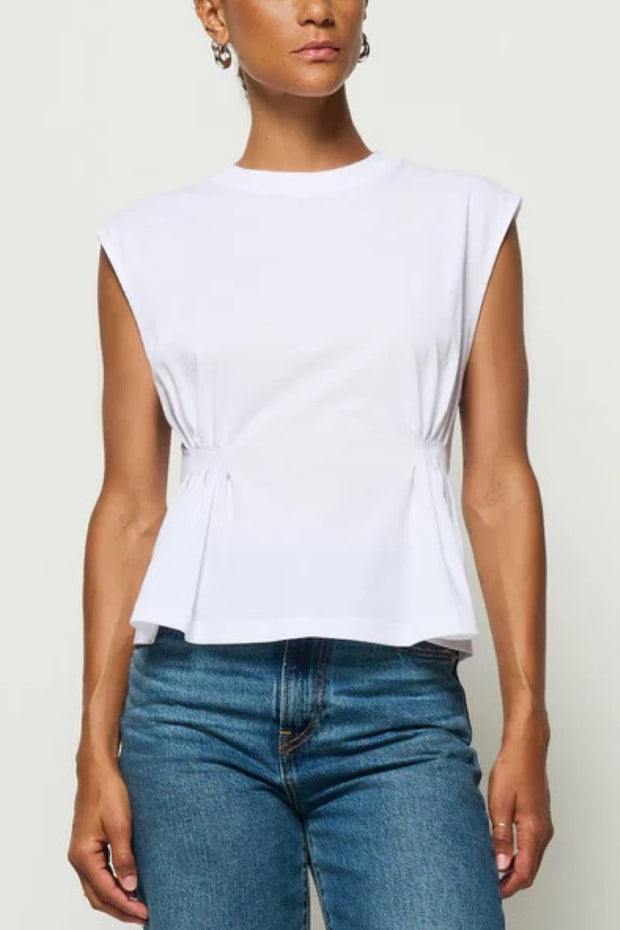 Image of model wearing the nation ltd meg pleated top front view with arms down by sides