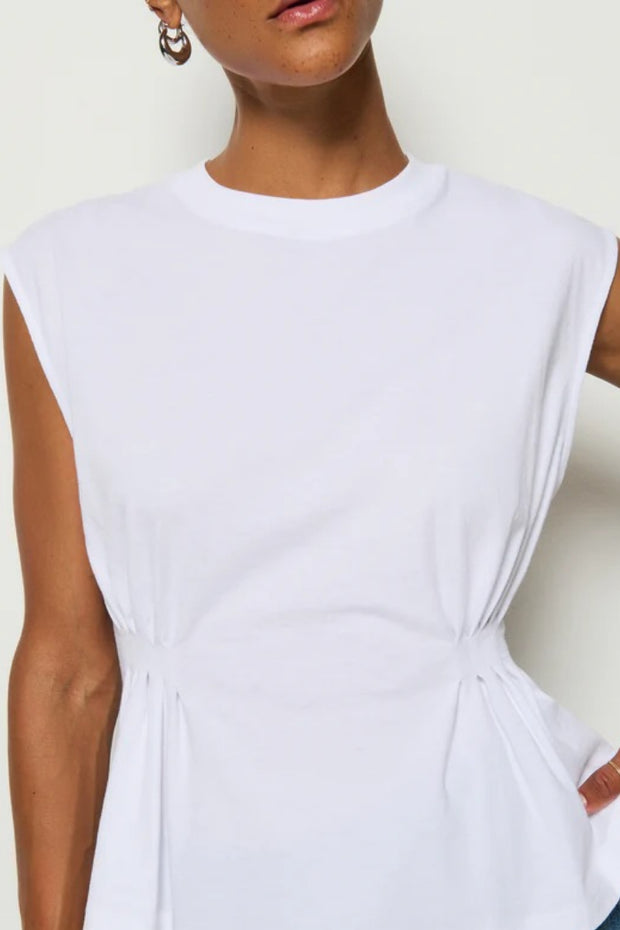 Image of model wearing the Nation ltd meg pleated top front view close up