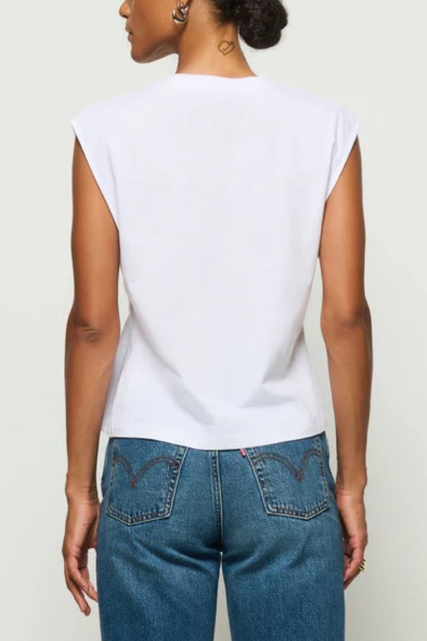 Image of model wearing the nation ltd meg pleated top back view