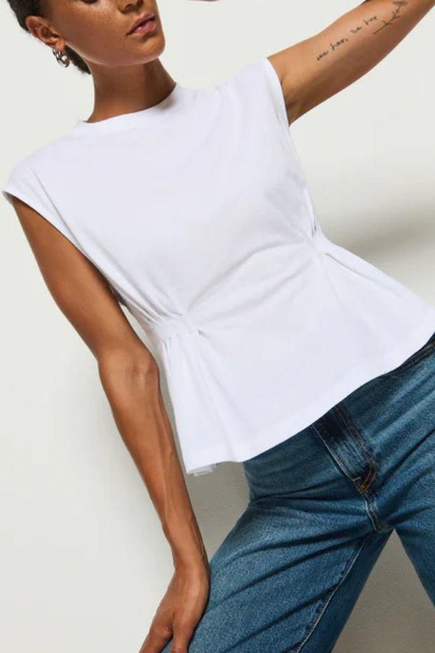 Image of model wearing the meg pleated top front view  
