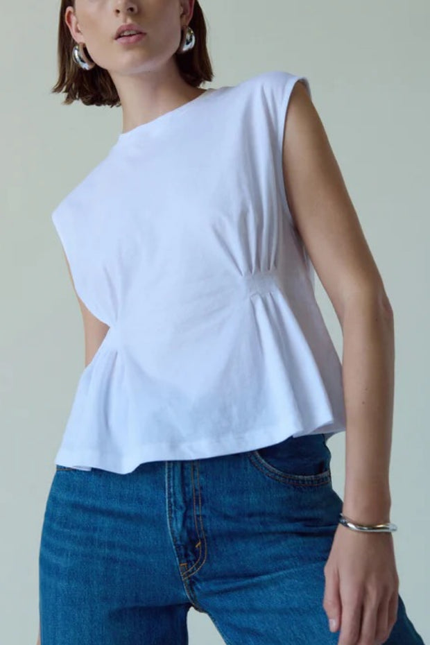 Image of model wearing the meg pleated top front view