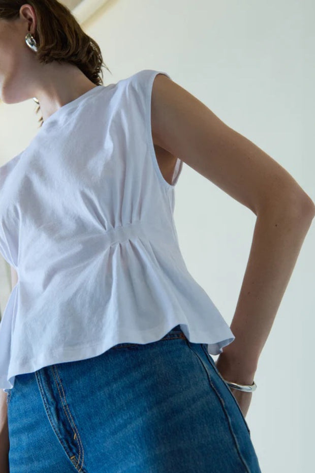 Image of model wearing the nation ltd meg pleated top front view
