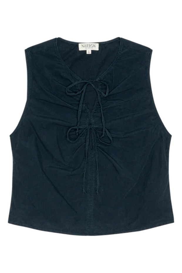 Midnight sleeveless top with a bow detail on a white background