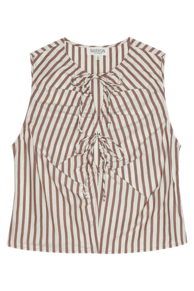 Striped sleeveless top with a bow detail on a white background