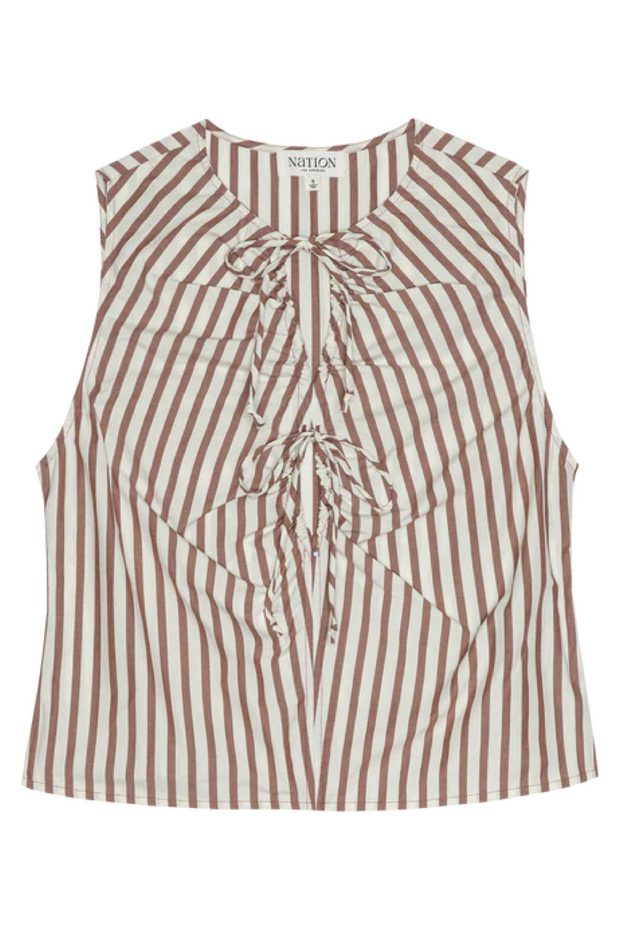 Striped sleeveless top with a bow detail on a white background