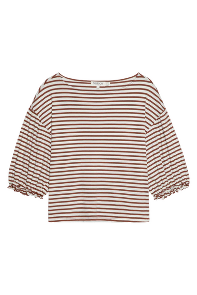 Striped blouse with ruffled sleeves on a white background
