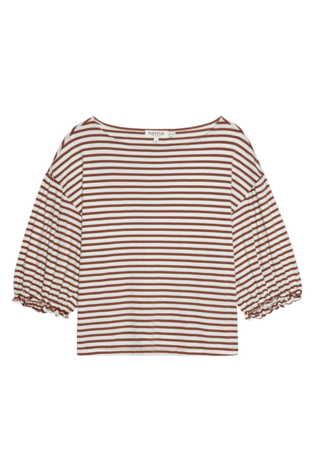 Striped blouse with ruffled sleeves on a white background