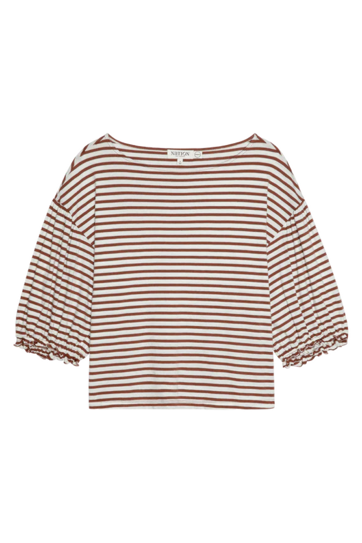 Striped blouse with ruffled sleeves on a white background