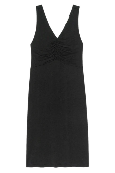 Black dress with a V-neck and ruched detail on a white background