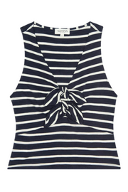 Navy and white striped tank top with a knot detail on a white background