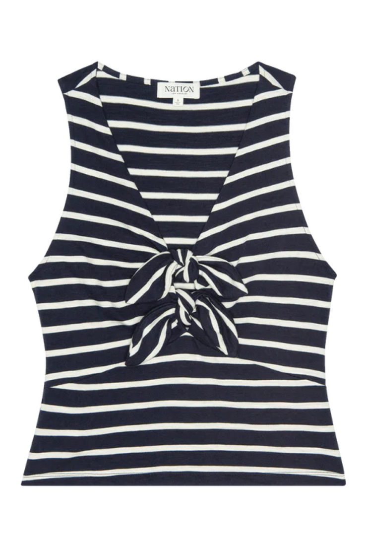 Navy and white striped tank top with a knot detail on a white background
