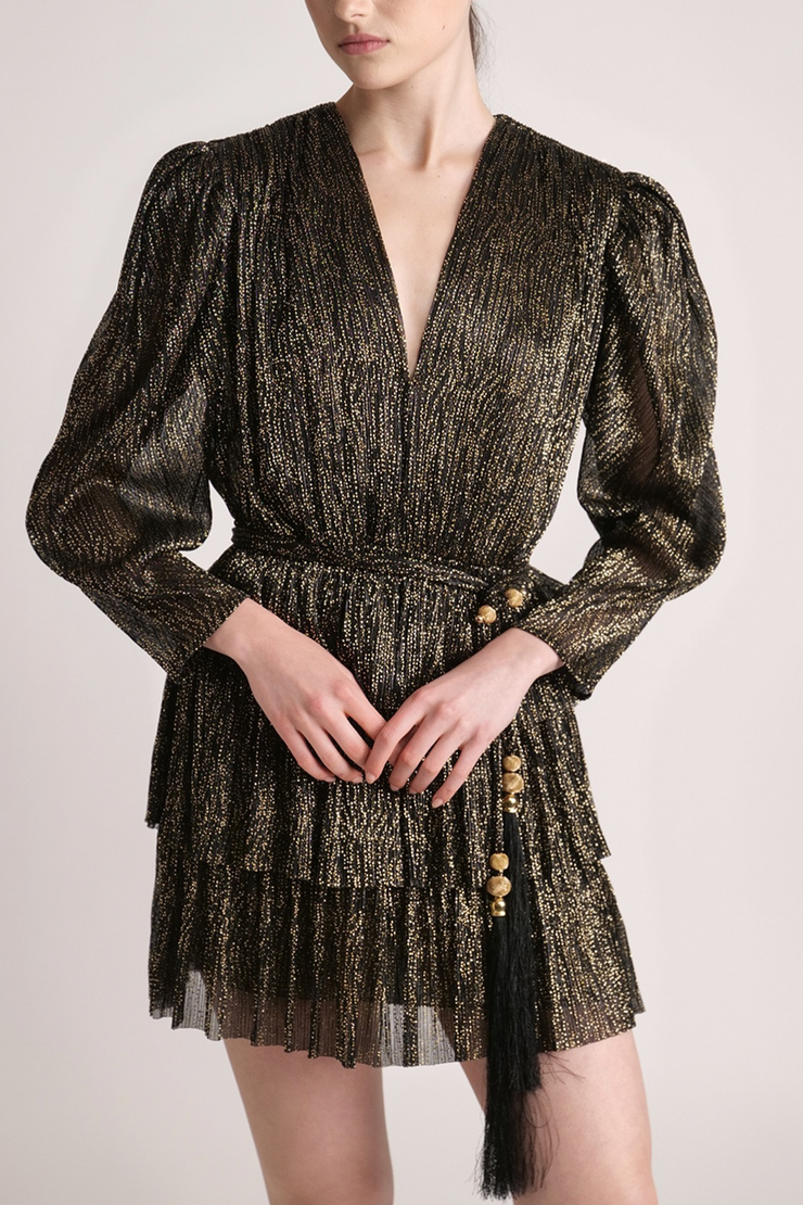 Image of model wearing Sabina Musayev Einav dress in metallic gold and black