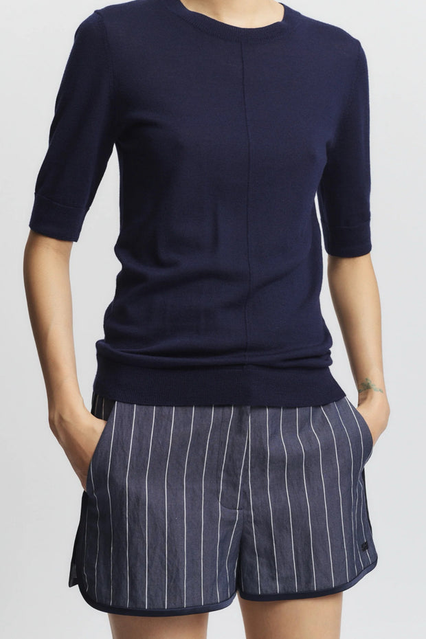 Image of model wearing the Saint Art Jen Pinstripe Board Short front view