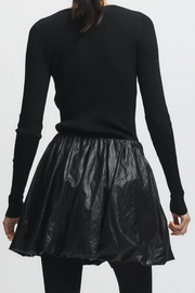 Person wearing a black ribbed sweater and black leather skirt on a white background