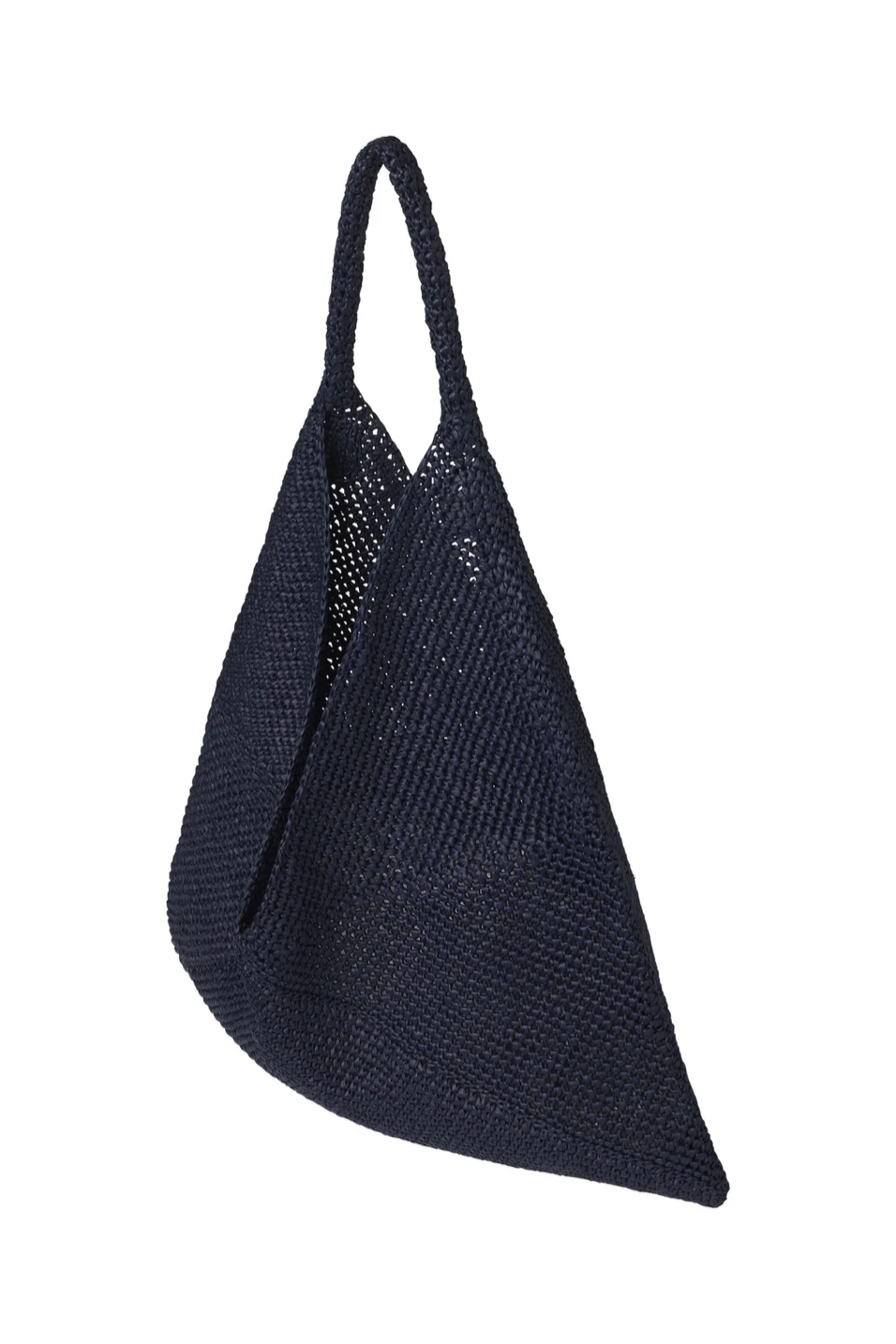 Black woven handbag on a white background