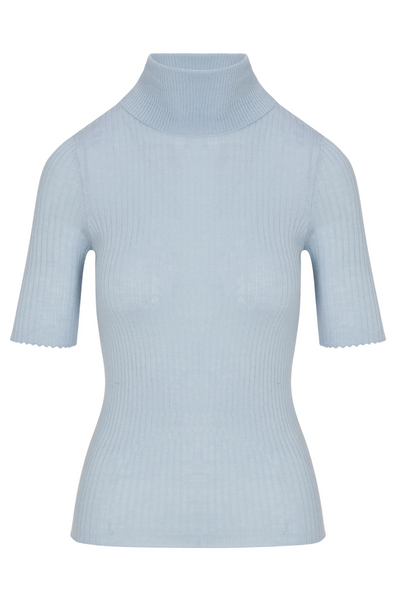 Light blue ribbed turtleneck sweater on a white background