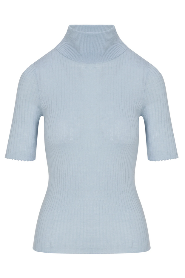 Light blue ribbed turtleneck sweater on a white background