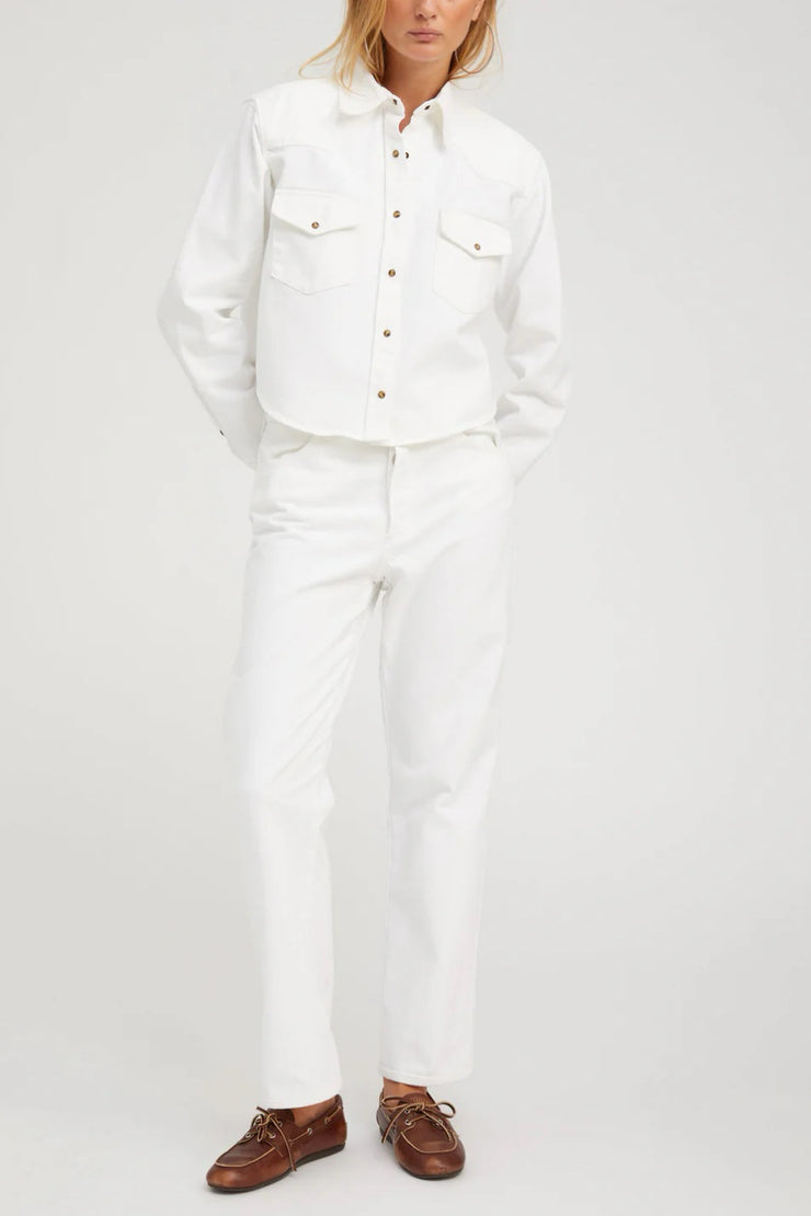 Image of model wearing the SPRWMN Cropped Western Button Up front view