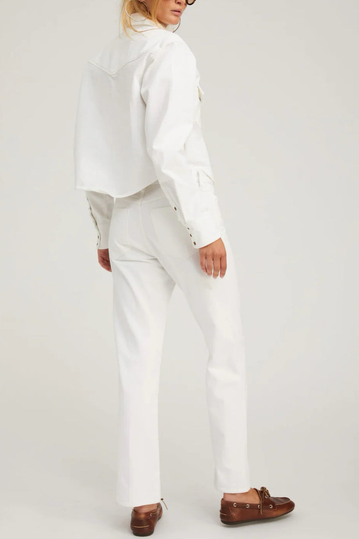 Image of model wearing the SPRWMN Cropped Western Button Up back view