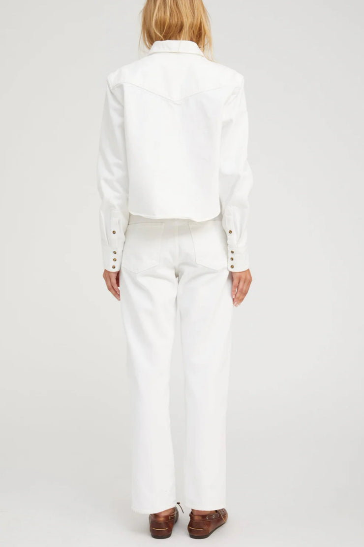 Image of model wearing the SPRWMN Cropped Western Button Up back view