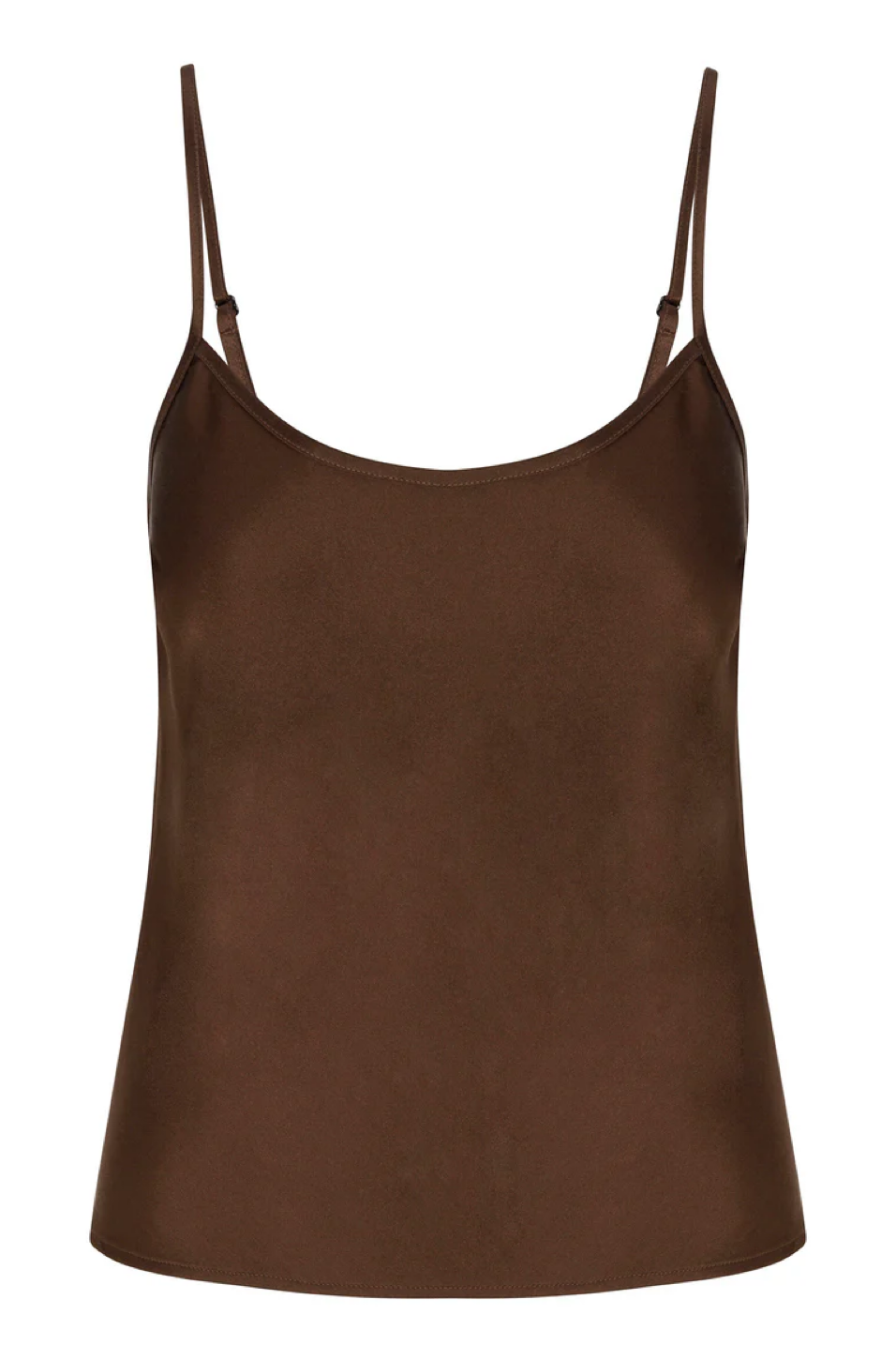 Brown satin camisole with thin straps on a white background