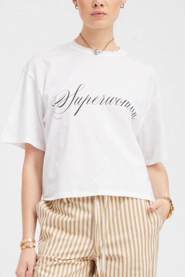 Image of model wearing the SPRWMN Superwoman Boxy Tee front view