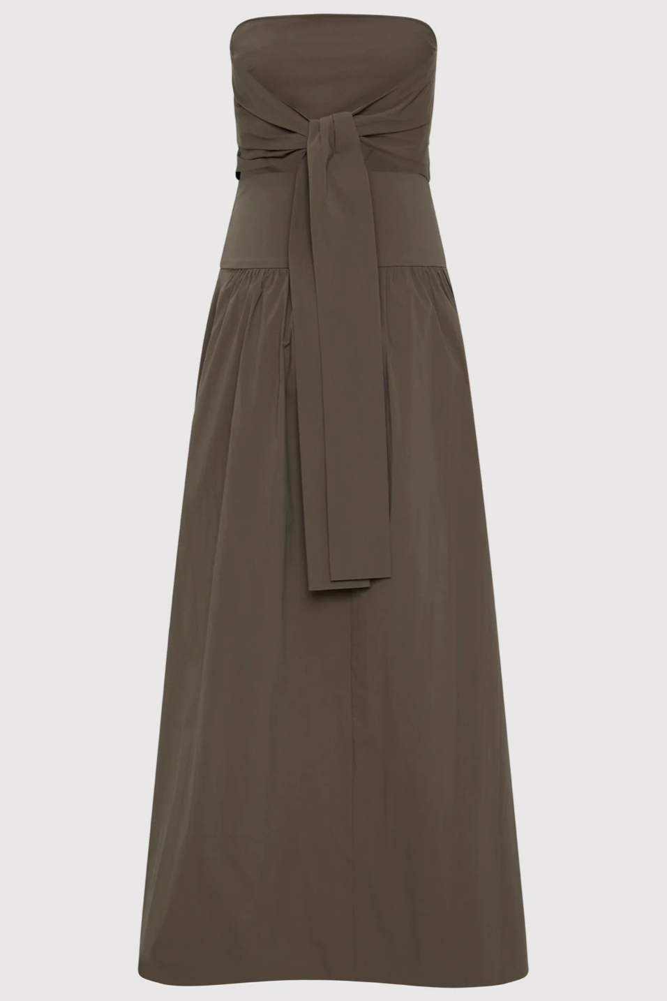 Khaki strapless dress with a tie waist on a light gray background
