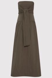 Khaki strapless dress with a tie waist on a light gray background