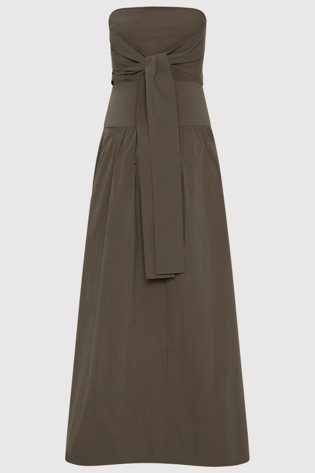 Khaki strapless dress with a tie waist on a light gray background