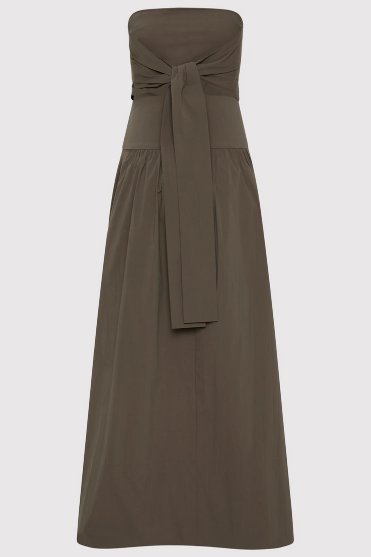 Khaki strapless dress with a tie waist on a light gray background