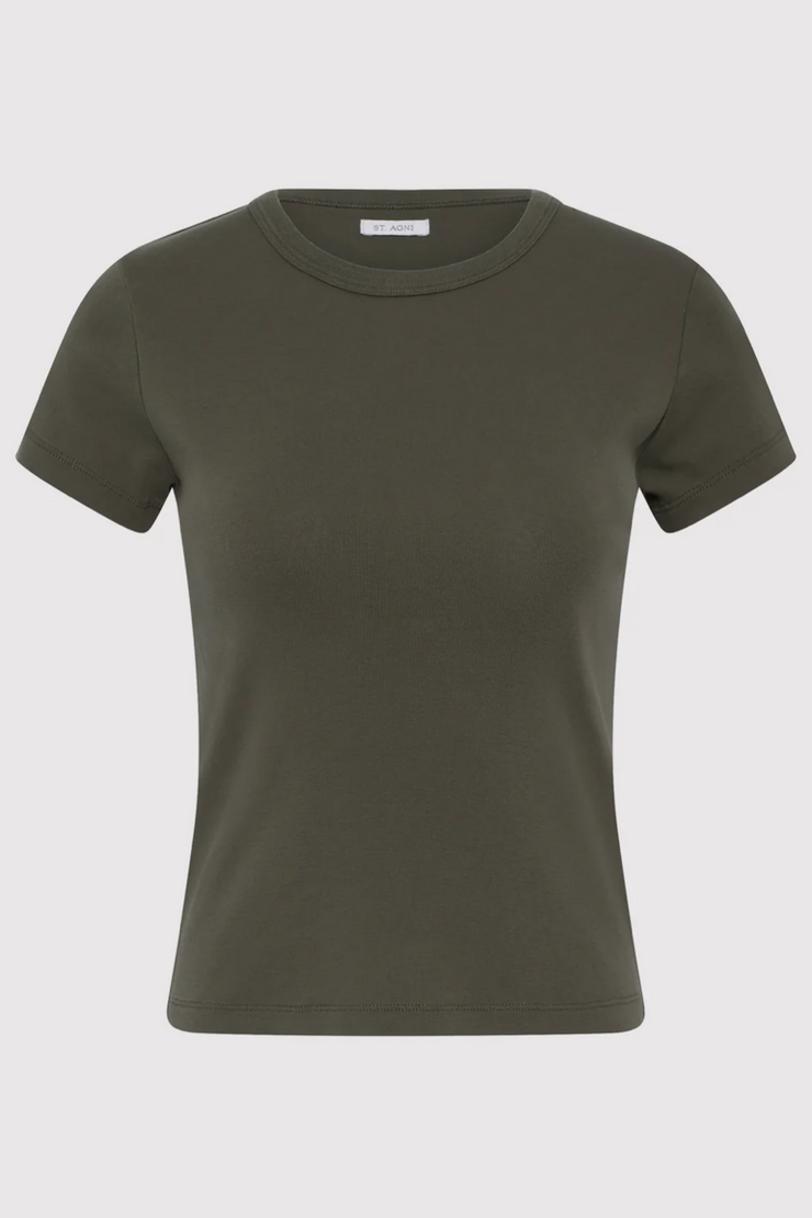 Khaki t-shirt on a light gray background