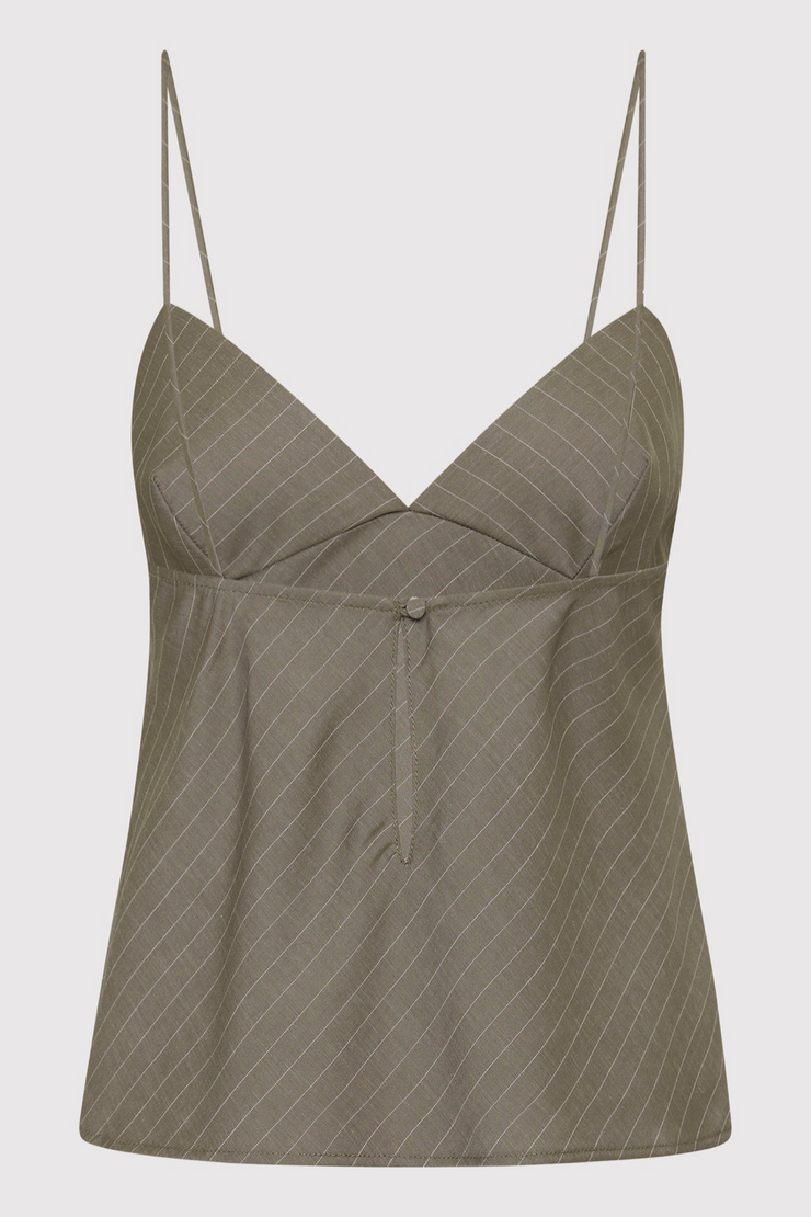 khaki pinstripe camisole on a light gray background