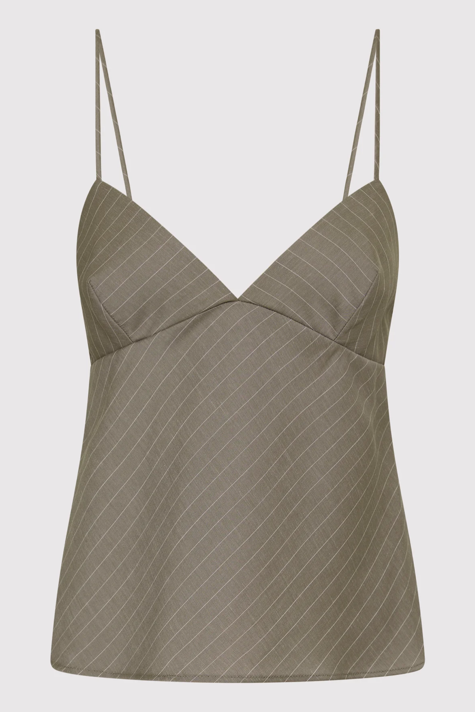 khaki pinstripe camisole on a light gray background