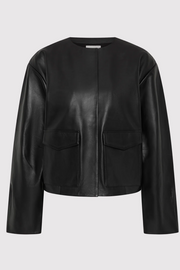 Black leather jacket on a light gray background