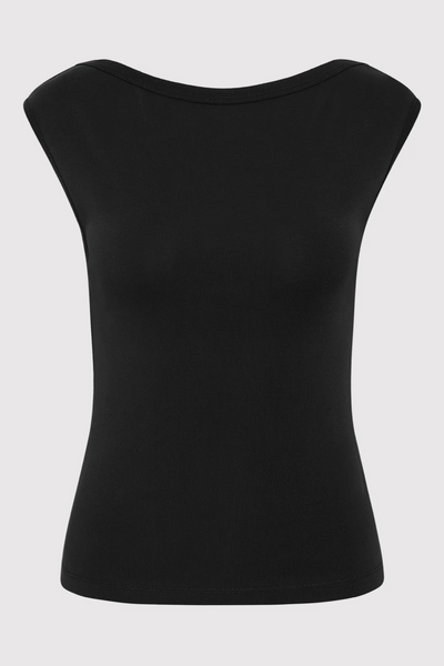 Black sleeveless top on a light gray background