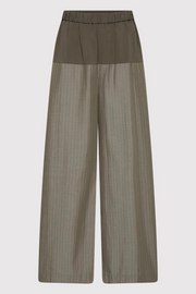 Pair of khaki pinstripe wide-leg pants on a light gray background