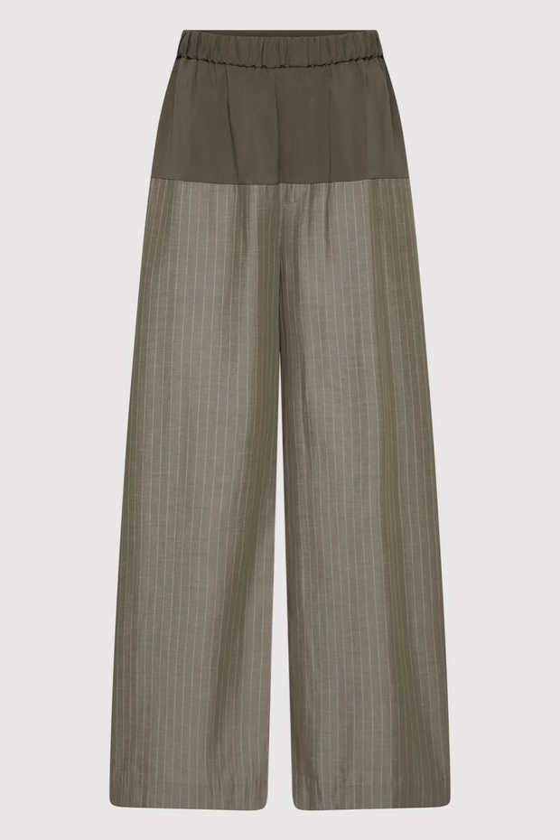 Pair of khaki pinstripe wide-leg pants on a light gray background