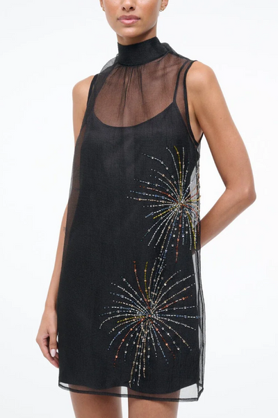 Black dress with bead embellishments on a white background