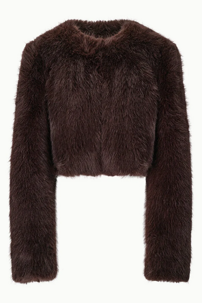 Brown faux minx jacket on a white background