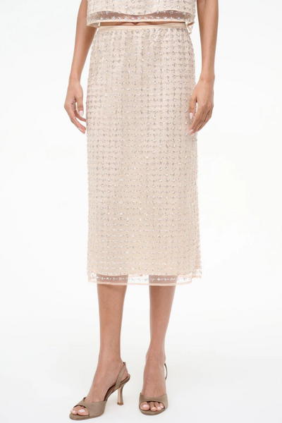 Two tone beaded skirt worn by a person on a white background