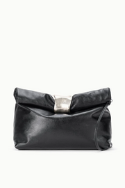 Black clutch bag with a silver clasp on a white background