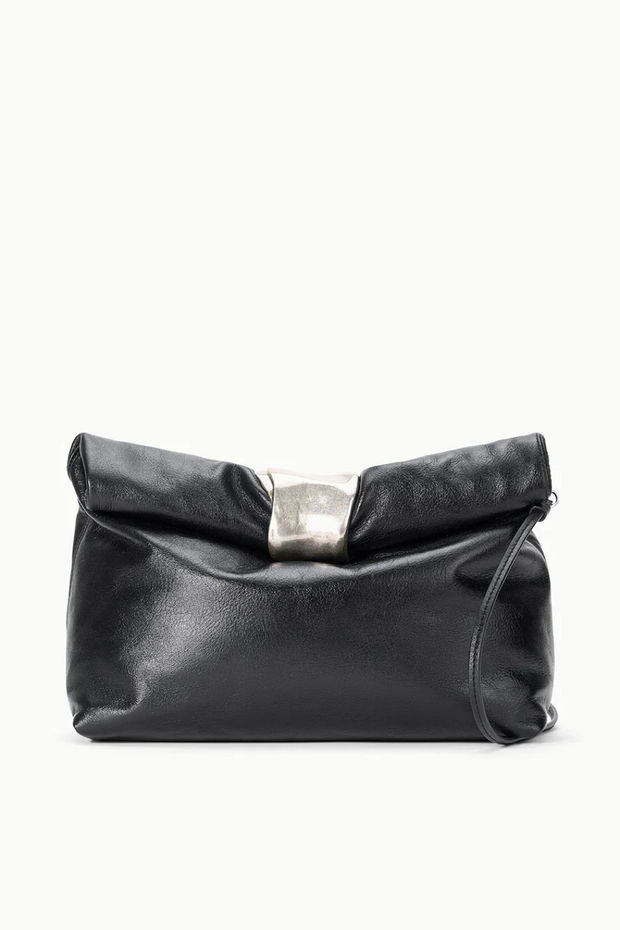 Black clutch bag with a silver clasp on a white background
