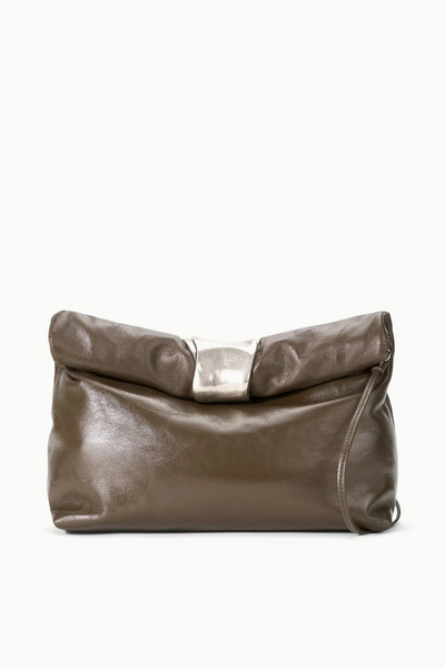  Truffle leather clutch bag with a silver accent on a white background