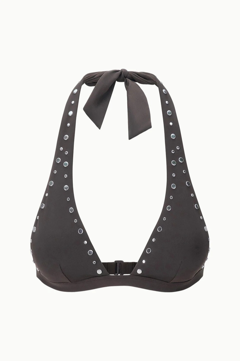 Brown bikini top with silver studs and a bow on a white background