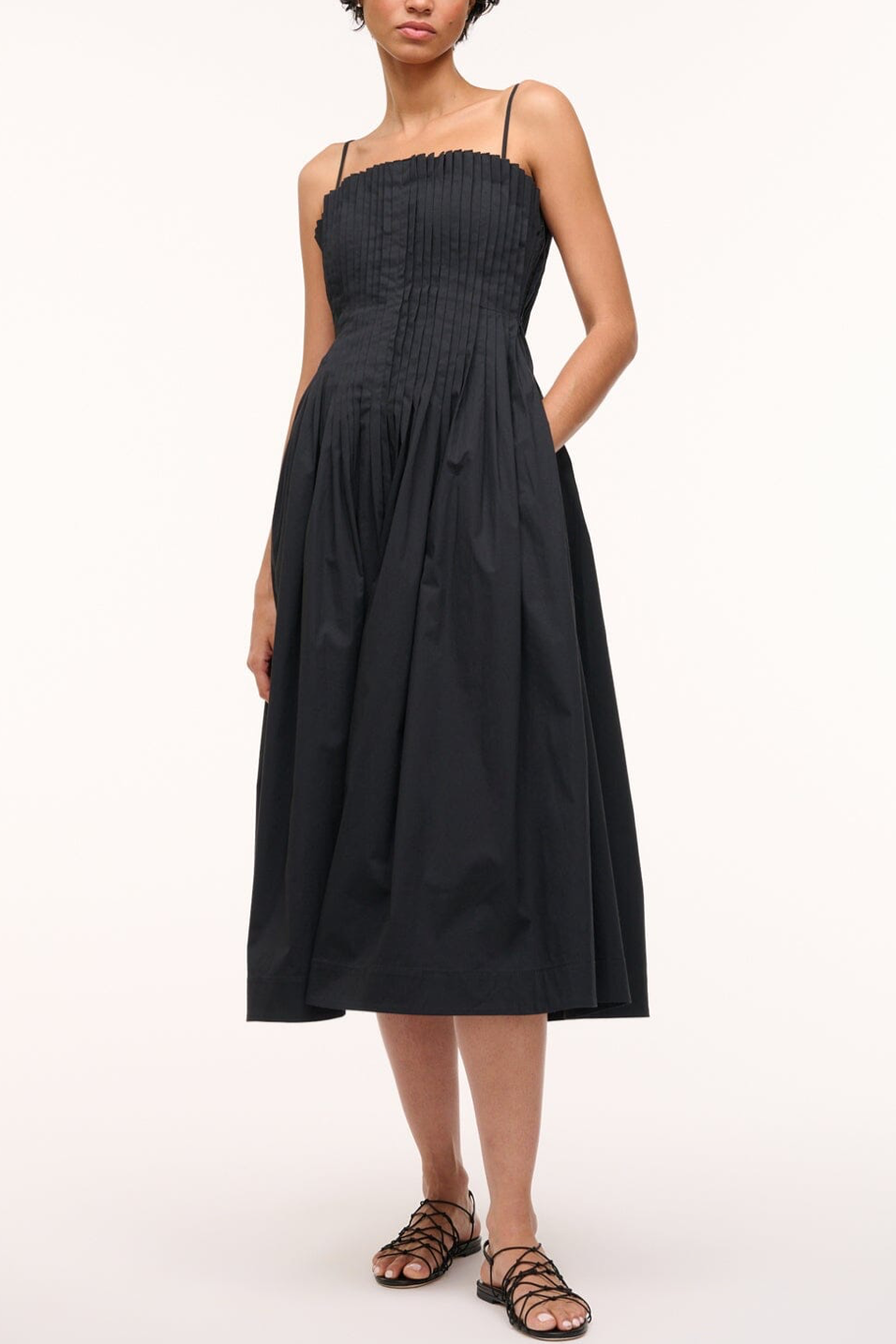 Image of model wearing Staud Midi bella dress in black