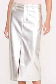 Image of model wearing Staud Oaklyn skirt in silver