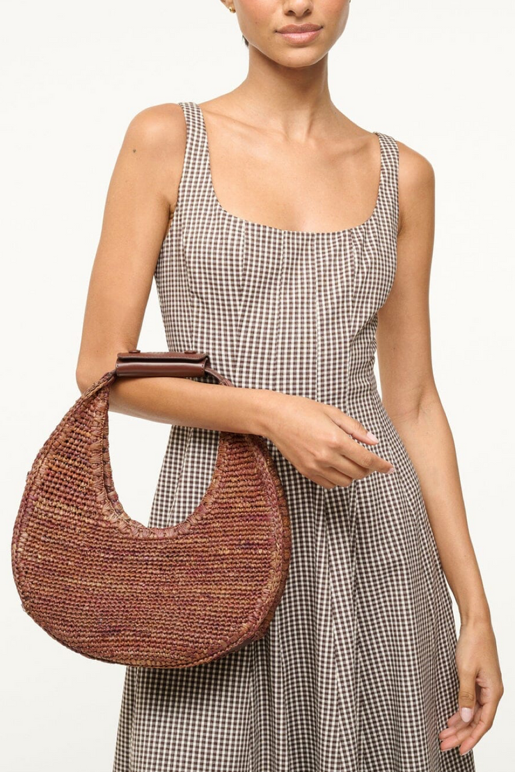 Image of Staud Raffia moon tote in mahogany